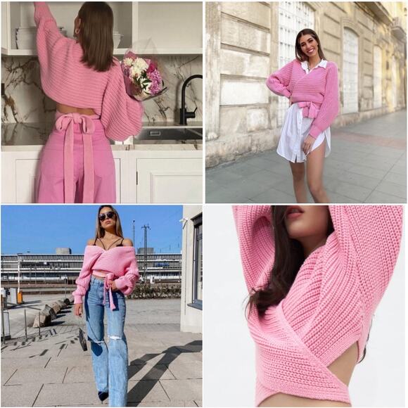 Zara Sweater Chunky Oversized Pink Cardigan V Neck Tie Wrap Crop Blogger Fav S - Picture 9 of 9